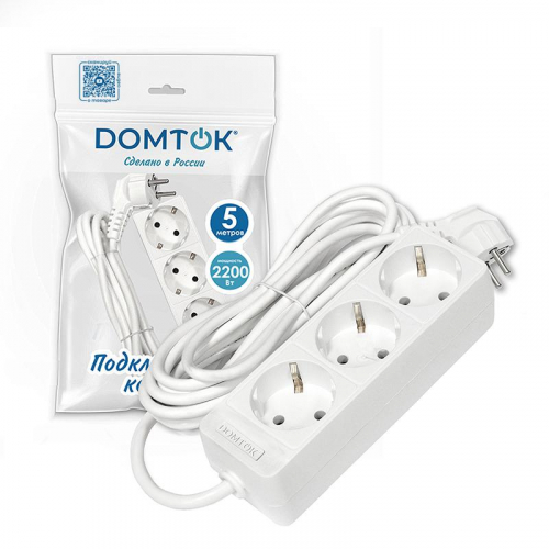 Удлинитель 3х5м с заземл. 10А IP20 2.2кВт ПВС 3х0.75 бел. DOMTOK 2376 фото 2