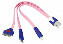 Кабель USB Lightning/30pin/micro USB/PVC/flat/pink/0.15m 3 в 1 Rexant 18-4251