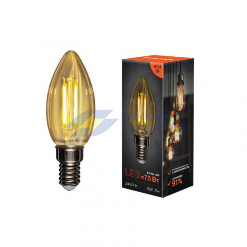 Лампа филаментная Свеча CN35 9.5Вт 950лм 2400К E14 золот. колба Rexant 604-099 фото 2