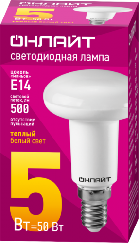 Лампа светодиодная 71 651 OLL-R50-5-230-2.7K-E14 5Вт 2700К тепл. бел. E14 500лм 176-264В ОНЛАЙТ 71651 фото 2