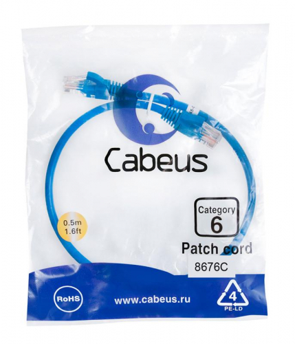 Патч-корд U/UTP кат.6 PC-UTP-RJ45-Cat.6-0.5m-BL 2xRJ45/8p8c неэкранир. PVC 0.5м син. Cabeus 8676c