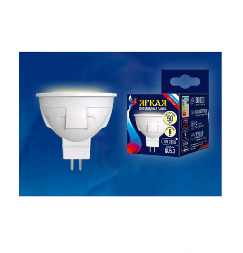 Лампа светодиодная LED-JCDR 6W/WW/GU5.3/FR PLP01WH JCDR ЯРКАЯ матовая 3000К тепл. бел. (упак. картон) Uniel UL-00002424 Лампа светодиодная LED-JCDR 6W/WW/GU5.3/FR PLP01WH JCDR ЯРКАЯ матовая 3000К тепл. бел. (упак. картон) Uniel UL-00002424
