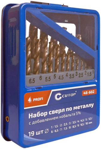 Набор сверл по металлу ПРОФИ/Profi 1-10мм (через 0.5мм) с кобальтом 5% в метал. коробке (19шт) Cutop 48-602 фото 2