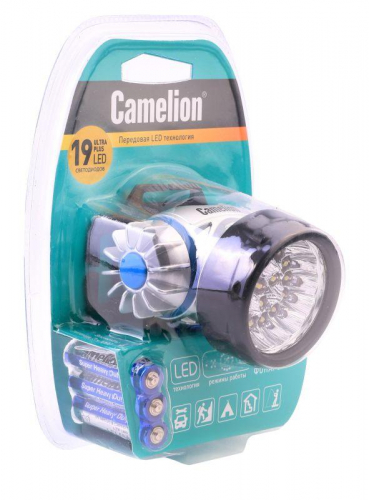 Фонарь налобный LED 5323-19Mx 19 ультра-ярких LED 4 режима 3хR03 (в компл.) металлик Camelion 8138 фото 2