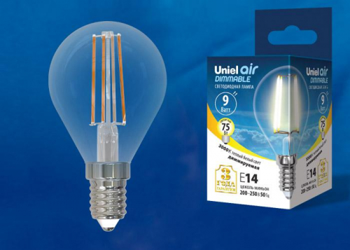 Лампа светодиодная LED-G45-9W/3000K/E14/CL/DIM GLA01TR Air диммир. картон Uniel UL-00005191 Лампа светодиодная LED-G45-9W/3000K/E14/CL/DIM GLA01TR Air диммир. картон Uniel UL-00005191