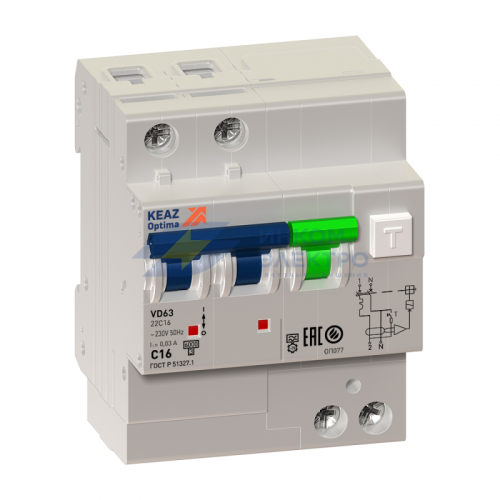 Выключатель автоматический дифференциального тока 2п C 16А 30мА тип A 6кА OptiDin VD63 УХЛ4 КЭАЗ 103453