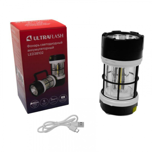 Фонарь аккумуляторный LED38102 LED+3COB 5 реж. Micro-USB PowerBank пластик коробка черн./бел. Ultraflash 15952 Фонарь аккумуляторный LED38102 LED+3COB 5 реж. Micro-USB PowerBank пластик коробка черн./бел. Ultraflash 15952
