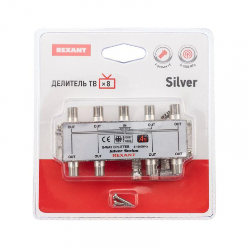 Делитель ТВх8 + 9шт F 5-1000 МГц (Silver) box (уп.5шт) Rexant 05-6105 фото 3 Делитель ТВх8 + 9шт F 5-1000 МГц (Silver) box (уп.5шт) Rexant 05-6105 фото 3