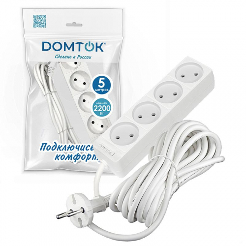 Удлинитель 4х5м без заземл. 10А IP20 2.2кВт ПВС 2х1 бел. DOMTOK 2357 фото 2