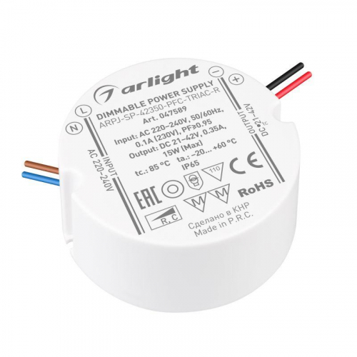 Блок питания ARPJ-SP-42350-PFC-TRIAC-R (15Вт 21-42В 350мА) IP65 пластик Arlight 047589 Блок питания ARPJ-SP-42350-PFC-TRIAC-R (15Вт 21-42В 350мА) IP65 пластик Arlight 047589
