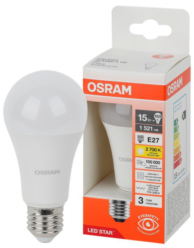Лампа светодиодная LED Star 15Вт грушевидная 2700К E27 1521лм (замена 150Вт) OSRAM 4058075695382 Лампа светодиодная LED Star 15Вт грушевидная 2700К E27 1521лм (замена 150Вт) OSRAM 4058075695382