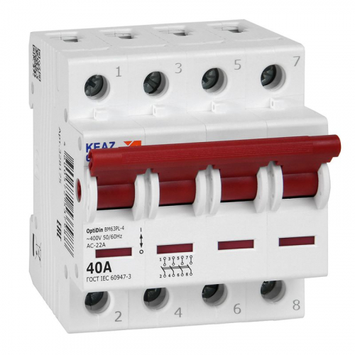 Выключатель нагрузки модульный 4п 40А OptiDin BM63PL-440-УХЛ3 (ВМ63PL) КЭАЗ 328175 Выключатель нагрузки модульный 4п 40А OptiDin BM63PL-440-УХЛ3 (ВМ63PL) КЭАЗ 328175