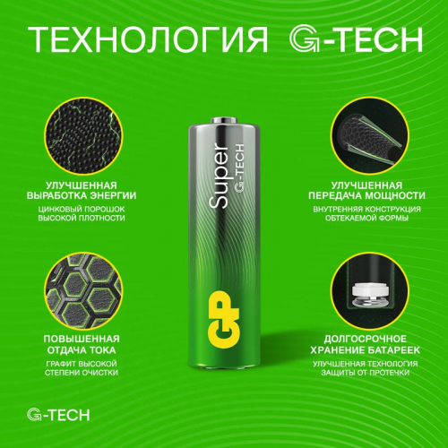 Элемент питания алкалиновый AA/LR6 1.5В Super Alkaline G-Tech 15AA21-2CRSBC4 40/320 (блист.4шт) GP 21384 фото 5 Элемент питания алкалиновый AA/LR6 1.5В Super Alkaline G-Tech 15AA21-2CRSBC4 40/320 (блист.4шт) GP 21384 фото 5