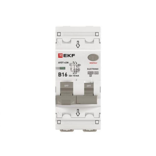 Выключатель автоматический дифференциального тока 2п (1P+N) B 16А 10мА тип A 6кА АВДТ-63N (электрон.) PROxima EKF D63N26EA16B10 фото 4