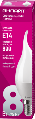 Лампа светодиодная 61 198 OLL-FC37-8-230-4K-E14-FR 8Вт свеча на ветру 4000К нейтр. бел. E14 800лм 176-264В ОНЛАЙТ 61198 фото 2