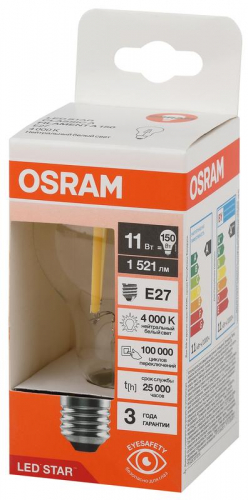 Лампа светодиодная филаментная LSCLA150 11W/840 230V FIL 11Вт 4000К нейтр. бел. E27 1521лм A угол пучка 300град. 220-240В (замена 150Вт) прозр. стекло OSRAM 4058075684249 фото 3 Лампа светодиодная филаментная LSCLA150 11W/840 230V FIL 11Вт 4000К нейтр. бел. E27 1521лм A угол пучка 300град. 220-240В (замена 150Вт) прозр. стекло OSRAM 4058075684249 фото 3
