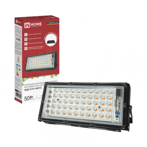 Прожектор светодиодный ФДО STD-ФИТО 50Вт IP65 красн./син. спектр черн. IN HOME 4690612065045 Прожектор светодиодный ФДО STD-ФИТО 50Вт IP65 красн./син. спектр черн. IN HOME 4690612065045