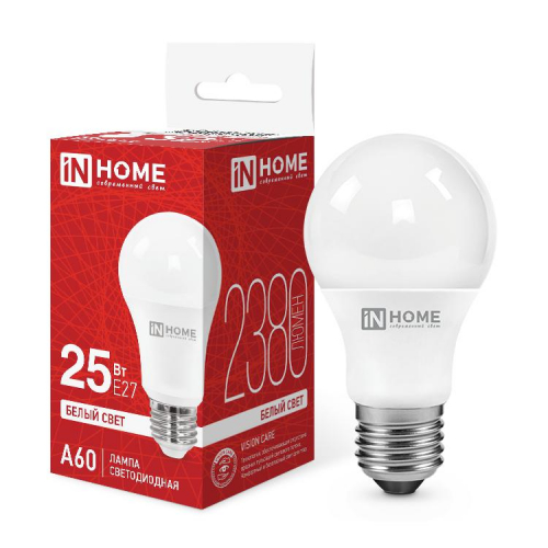 Лампа светодиодная LED-A60-VC 25Вт 4000К E27 2380лм 230В IN HOME 4690612062051 Лампа светодиодная LED-A60-VC 25Вт 4000К E27 2380лм 230В IN HOME 4690612062051