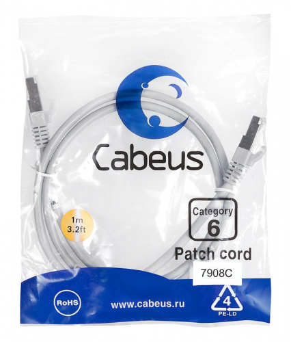 Патч-корд F/UTP кат.6 PC-FTP-RJ45-Cat.6-1m-LSZH 2xRJ45/8p8c экранир. LSZH 1м сер. Cabeus 7908c
