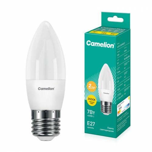 Лампа светодиодная LED7-C35/830/E27 7Вт свеча 3000К тепл. бел. E27 530лм 220В Camelion 12077 Лампа светодиодная LED7-C35/830/E27 7Вт свеча 3000К тепл. бел. E27 530лм 220В Camelion 12077