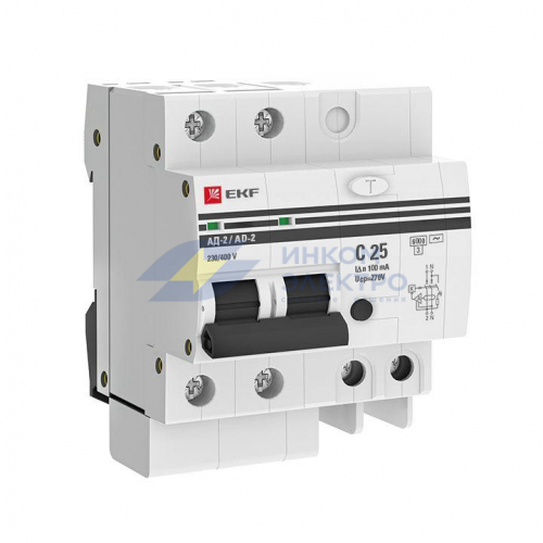 Выключатель автоматический дифференциального тока C 25А 100мА тип AC 6кА АД-2 (электрон.) защита 270В PROxima EKF DA2-6-25-100-pro
