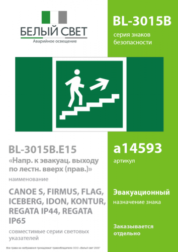 Знак безопасности BL-3015B.E15 "Напр. к эвакуац. выходу по лестнице вверх (прав.)" Белый свет a14593 фото 2