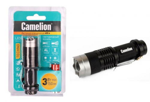 Фонарь LED5135 (LED XPE ZOOM 3 реж 1хLR6 алюм. блистер черн.) Camelion 12915