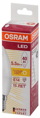 Лампа светодиодная LED Star Classic B 40 5W/827 5Вт свеча матовая 2700К тепл. бел. E14 470лм 220-240В пластик. OSRAM 4052899971608 фото 3
