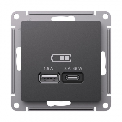 Розетка USB AtlasDesign тип A+C 45Вт высокоскор. ЗУ QC PD механизм базальт SE ATN001429 фото 3