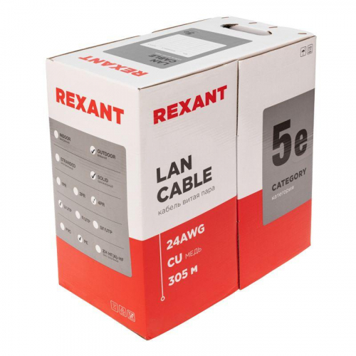 Кабель витая пара U/UTP кат.5E 4х2х24AWG solid CU PE Outdoor черн. (м) Rexant 01-0045 фото 6