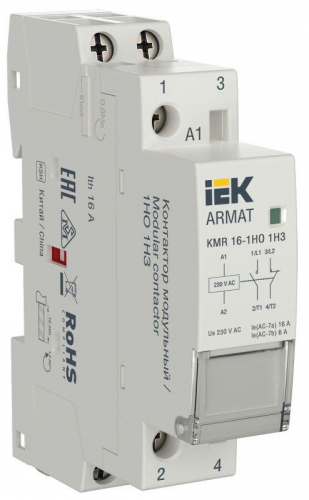 Контактор модульный KMR 16А 230В AC 1НО 1НЗ ARMAT IEK AR-KMR10-016-11-230 Контактор модульный KMR 16А 230В AC 1НО 1НЗ ARMAT IEK AR-KMR10-016-11-230