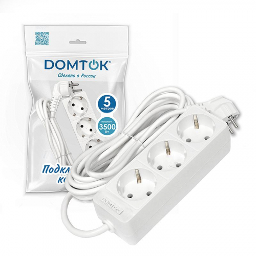 Удлинитель 3х5м с заземл. 16А IP20 3.5кВт ПВС 3х1 бел. DOMTOK 2392 фото 2