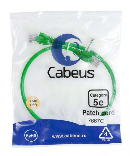 Патч-корд U/UTP кат.5E PC-UTP-RJ45-Cat.5e-0.5m-GN 2xRJ45/8p8c неэкранир. PVC 0.5м зел. Cabeus 7667c Патч-корд U/UTP кат.5E PC-UTP-RJ45-Cat.5e-0.5m-GN 2xRJ45/8p8c неэкранир. PVC 0.5м зел. Cabeus 7667c