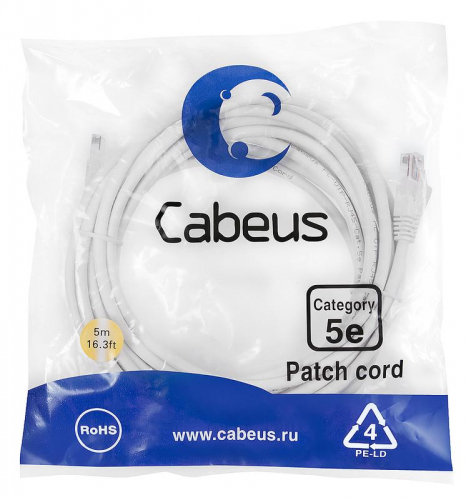 Патч-корд U/UTP кат.5E PC-UTP-RJ45-Cat.5e-5m-WH 2xRJ45/8p8c неэкранир. PVC 5м бел. Cabeus 7687c Патч-корд U/UTP кат.5E PC-UTP-RJ45-Cat.5e-5m-WH 2xRJ45/8p8c неэкранир. PVC 5м бел. Cabeus 7687c