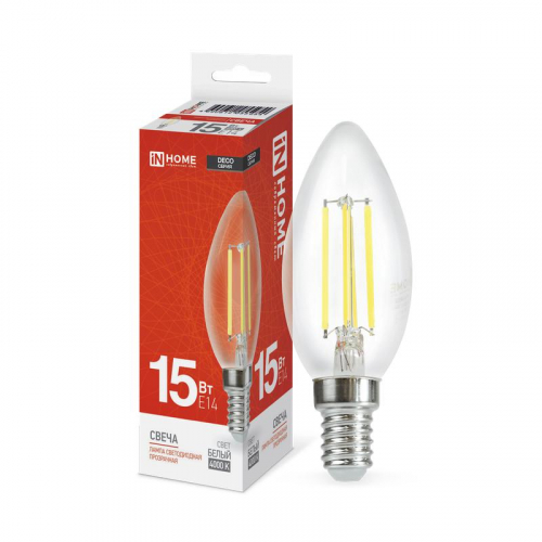 Лампа светодиодная филаментная LED-СВЕЧА-deco свеча прозрачная 15Вт 230В E14 4000К 1455лм IN HOME 4690612055954