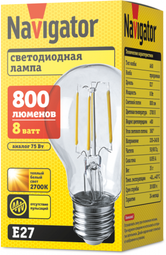 Лампа светодиодная 71 306 NLL-F-A60-8-230-2.7K-E27 8Вт грушевидная 2700К тепл. бел. E27 780лм 220-240В Navigator 71306 фото 2