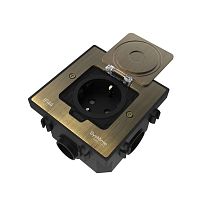 Лючок MultiDesk MDK21 с розеткой 2P+E 16А 250В IP44 с монтажной коробкой для бетонных полов античная латунь SE MDK21202BC