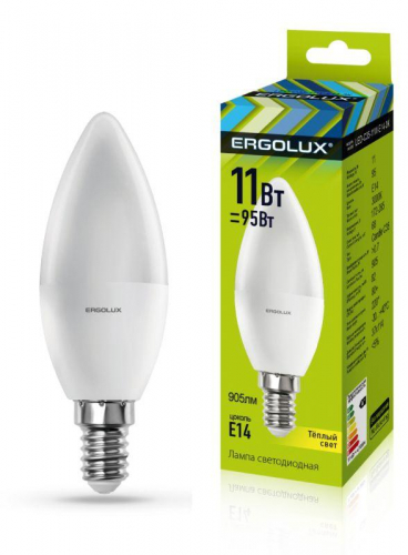 Лампа светодиодная LED-C35-11W-E14-3K 11Вт свеча 3000К тепл. бел. E14 180-240В Ergolux 13618 Лампа светодиодная LED-C35-11W-E14-3K 11Вт свеча 3000К тепл. бел. E14 180-240В Ergolux 13618