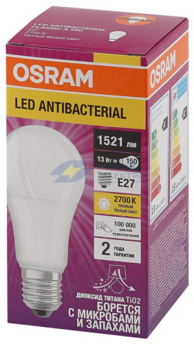 Лампа светодиодная LED Antibacterial A 13Вт грушевидная матовая 2700К тепл. бел. E27 1521лм 220-240В угол пучка 200град. бактерицидн. покрыт. (замена 150Вт) OSRAM 4058075561175 фото 3
