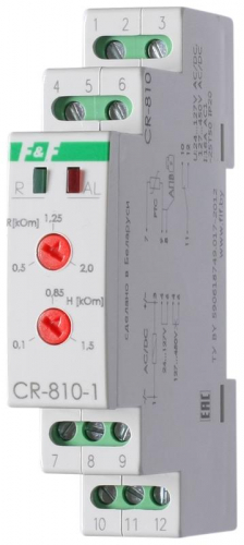 Реле температурное CR-810-1 (Для защ. электродвиг. от перегрева; монтаж на DIN-рейке; сопротив. петли датч. при превыш. темп. 600…3500Ом; регул. гистерезис; PTC (в компл. не поставляется) 24-127В/127-420В AC/DC 1NO/NC 16А) F&F EA05.002.002