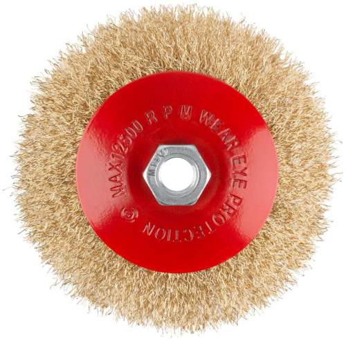 Корщетка-колесо с наклоном гайка М14 стальная латунированная волнистая проволока 125мм блистер КУРС 39085 фото 2