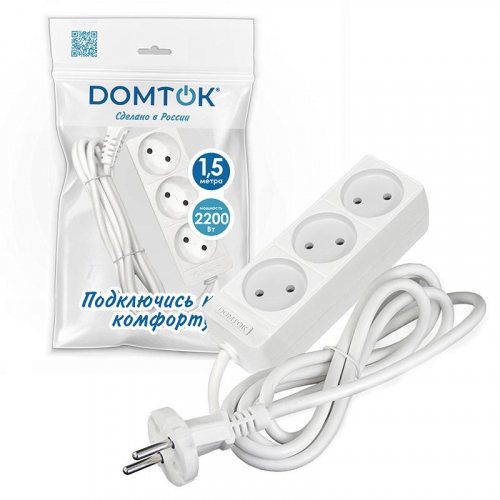 Удлинитель 3х1.5м без заземл. 10А IP20 2.2кВт ПВС 2х1 бел. DOMTOK 2349 фото 2