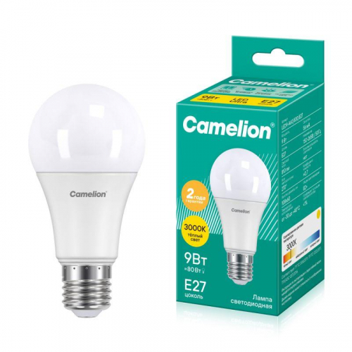 Лампа светодиодная LED9-A60/830/E27 9Вт грушевидная матовая 3000К тепл. бел. E27 745лм 170-265В Camelion 12043 Лампа светодиодная LED9-A60/830/E27 9Вт грушевидная матовая 3000К тепл. бел. E27 745лм 170-265В Camelion 12043