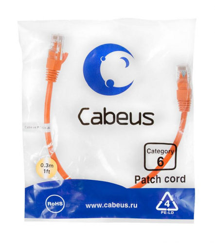 Патч-корд U/UTP кат.6 PC-UTP-RJ45-Cat.6-0.3m-OR 2xRJ45/8p8c неэкранир. PVC 0.3м оранж. Cabeus 8696c Патч-корд U/UTP кат.6 PC-UTP-RJ45-Cat.6-0.3m-OR 2xRJ45/8p8c неэкранир. PVC 0.3м оранж. Cabeus 8696c