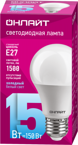 Лампа светодиодная 61 151 OLL-A60-15-230-6.5K-E27 15Вт грушевидная 6500К холод. бел. E27 1500лм 176-264В ОНЛАЙТ 61151 фото 2