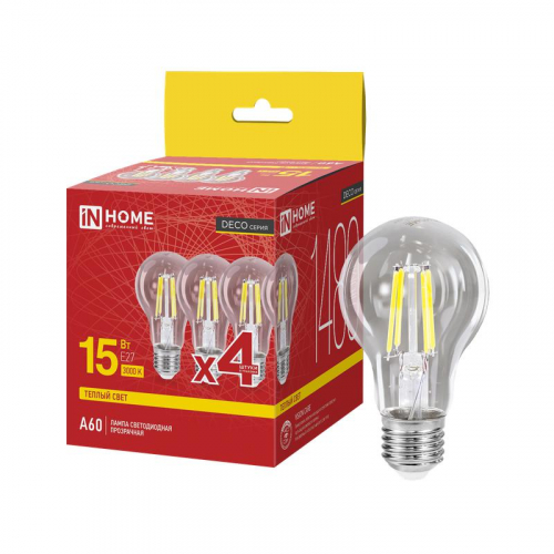 Лампа светодиодная LED-A60-deco 4PACK 15Вт прозрачная 3000К E27 1480лм 230В (уп.4шт) IN HOME 4690612063201 Лампа светодиодная LED-A60-deco 4PACK 15Вт прозрачная 3000К E27 1480лм 230В (уп.4шт) IN HOME 4690612063201