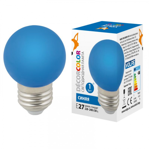 Лампа светодиодная LED-G45-1W/BLUE/E27/FR/С 1Вт шар матовая син. E27 декоративная (упак. картон) Volpe UL-00005647 Лампа светодиодная LED-G45-1W/BLUE/E27/FR/С 1Вт шар матовая син. E27 декоративная (упак. картон) Volpe UL-00005647