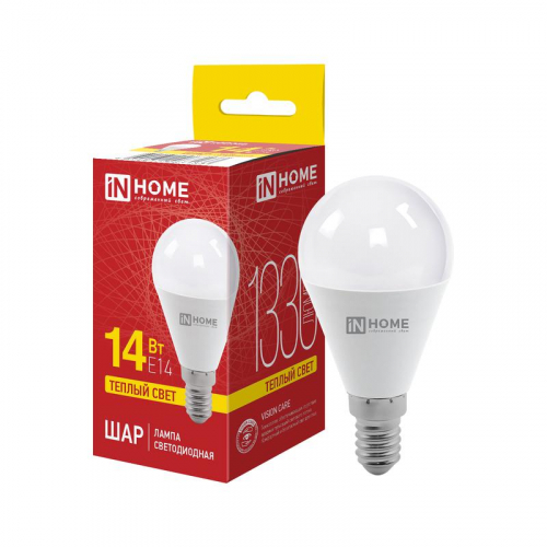 Лампа светодиодная LED-ШАР-VC 14Вт шар 3000К E14 1330лм 230В IN HOME 4690612063133 Лампа светодиодная LED-ШАР-VC 14Вт шар 3000К E14 1330лм 230В IN HOME 4690612063133
