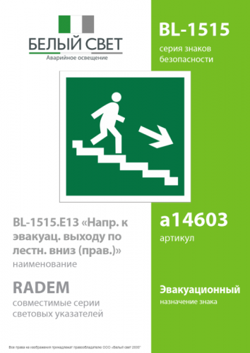 Знак безопасности BL-1515.E13 "Напр. к эвакуац. выходу по лестн. вниз (прав)" Белый свет a14603 фото 2