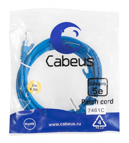 Патч-корд U/UTP кат.5E PC-UTP-RJ45-Cat.5e-2m-BL 2xRJ45/8p8c неэкранир. PVC 2м син. Cabeus 7461c Патч-корд U/UTP кат.5E PC-UTP-RJ45-Cat.5e-2m-BL 2xRJ45/8p8c неэкранир. PVC 2м син. Cabeus 7461c